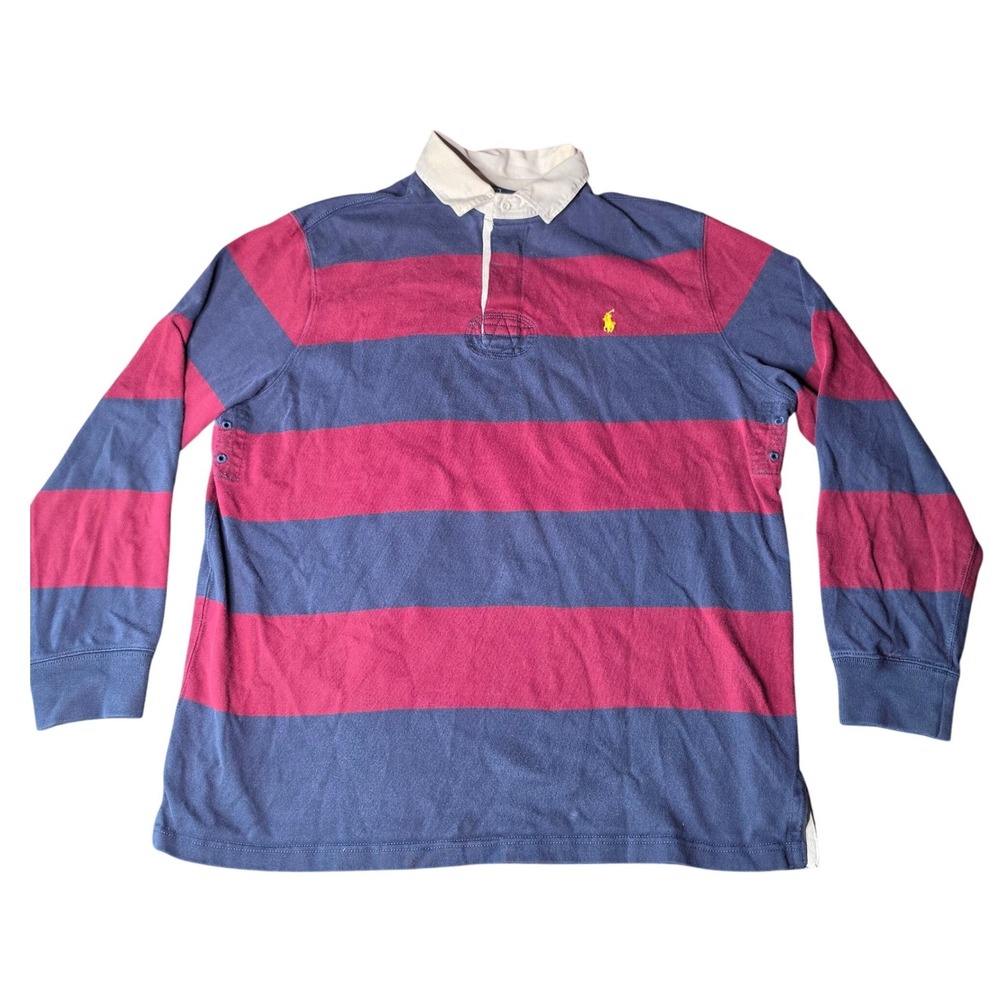 Polo Ralph Lauren Rugby Shirt Navy Red Mens Large Long Sleeve Striped Pony Logo